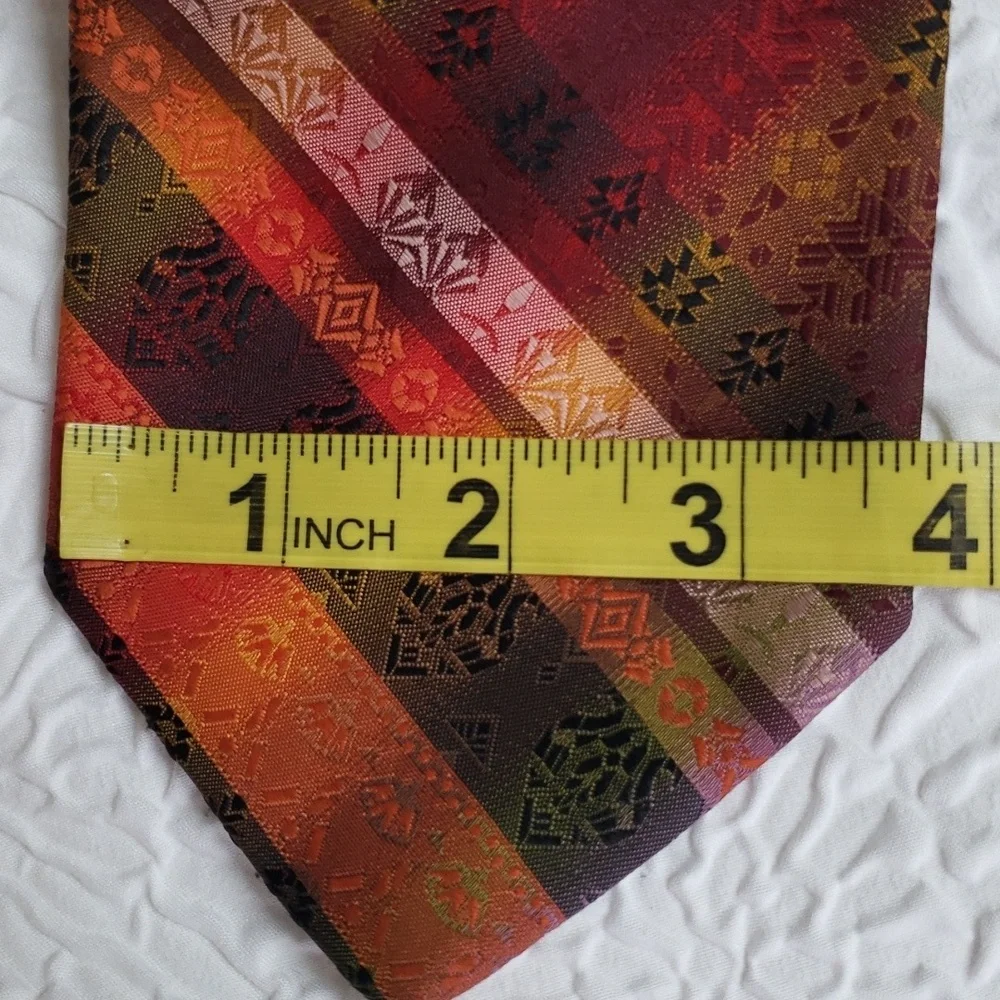 Wembley warm orange strip & print design tie, green blue gold, casual, Y2K